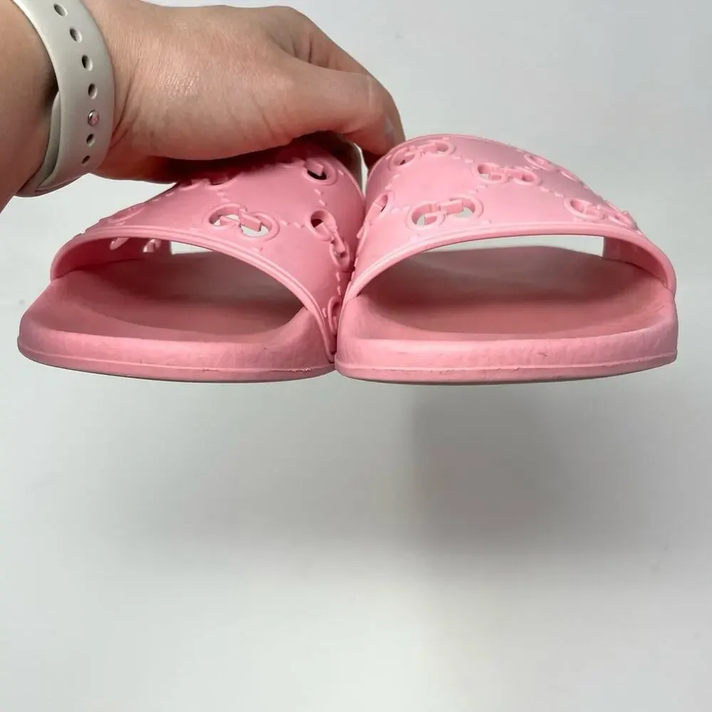 Gucci Interlocking GG Logo Rubber Pool Slides Slip On Flat Sandals Pink EU 40